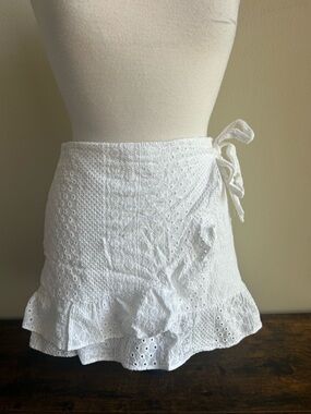 White Eyelet Tie-Waist Ruffle Mini Skirt